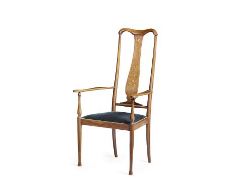  GEORGE WALTON (1867 - 1933) 'BRUSSELS' ARMCHAIR, CIRCA 1900 mahogany, with penwork and marquetry inlay, close nailed upholst