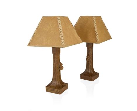  ROBERT 'MOUSEMAN' THOMPSON (1876-1955) PAIR OF TABLE LAMPS, CIRCA 1960's/1970's oak, each with carved mouse signature and or