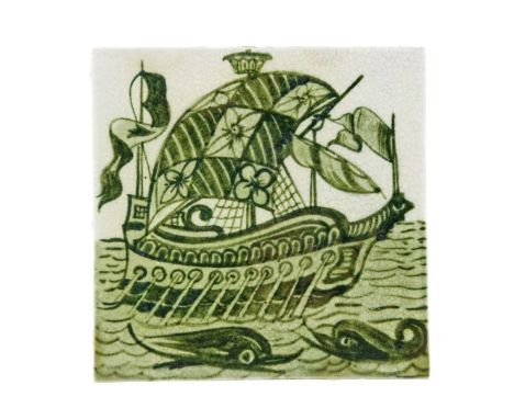  WILLIAM DE MORGAN (1839-1917) ARTS & CRAFTS 6-INCH TILE, LATE FULHAM PERIOD, CIRCA 1898 glazed ceramic, depicting a galleon,