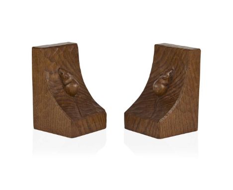  ROBERT 'MOUSEMAN' THOMPSON (1876-1955) PAIR OF BOOKENDS, CIRCA 1950's/1960's oak, each with carved mouse signature (2) 15cm&