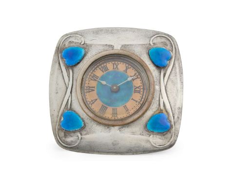  ARCHIBALD KNOX (1864-1933) FOR LIBERTY & CO. 'TUDRIC' STRUT CLOCK, CIRCA 1902 pewter, enamel, stamped 0482 10cm square   
