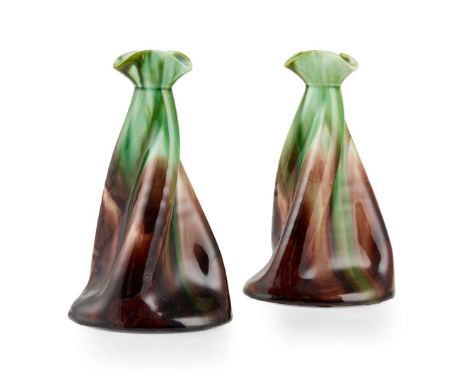  CHRISTOPHER DRESSER (1834-1904) FOR AULT POTTERY PAIR OF 'PROPELLOR' VASES, CIRCA 1880 glazed earthenware, unmarked (2) 18cm