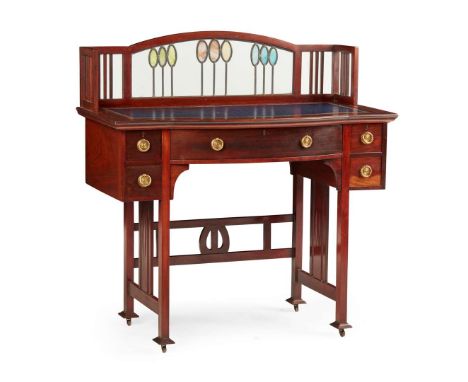  SHAPLAND & PETTER WRITING DESK, CIRCA 1900 mahogany, with stained and leaded glass panel, tooled leather skiver and brass fi