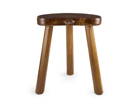  ROBERT 'MOUSEMAN' THOMPSON (1876-1955) KIDNEY-SHAPED STOOL, CIRCA 1950's oak, with rare full burr seat, carved mouse signatu