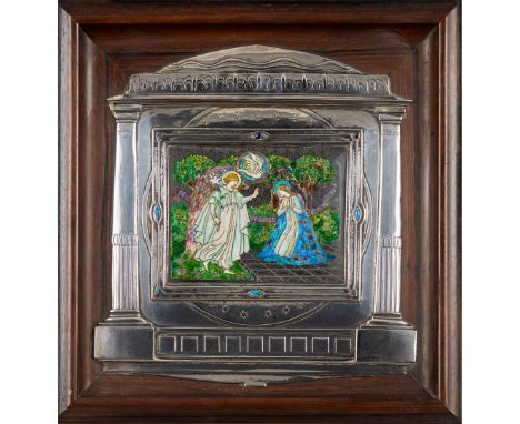  ENGLISH 'THE ANNUNCIATION', ARTS & CRAFTS ENAMELLED PANEL, CIRCA 1900 white metal and enamel, inscribed MARIA GRATIA PLENA, 