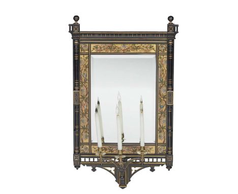  ENGLISH AESTHETIC MOVEMENT GIRANDOLE MIRROR, CIRCA 1880 ebonised and gilded wood, bevelled mirror plate, with painted panels