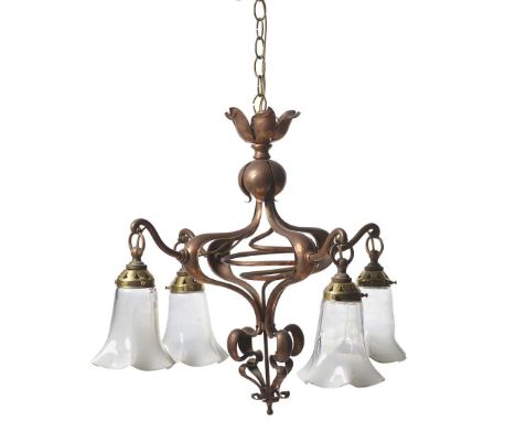  ENGLISH ARTS & CRAFTS CEILING LIGHT, CIRCA 1910 copper, with associated but period opalescent glass shades&nbsp; diameter in
