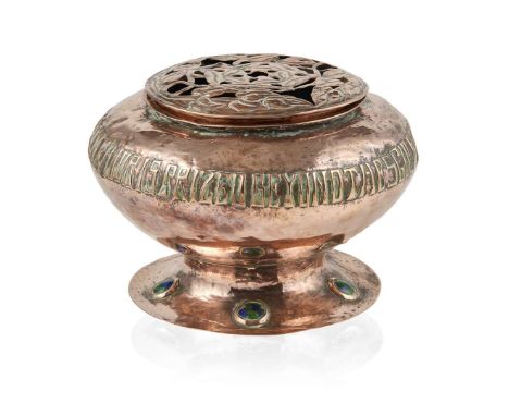  ENGLISH ARTS & CRAFTS ROSEBOWL copper and enamel, embossed around the rim with quotation from American Poet, William Bryant,