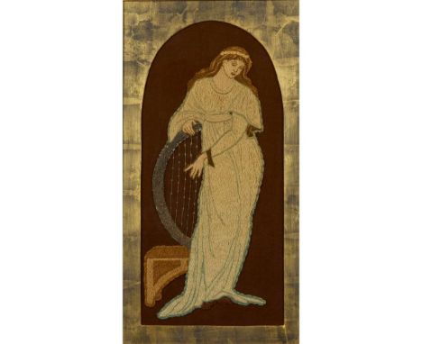  ENGLISH ARTS & CRAFTS EMBROIDERED PANEL, CIRCA 1870 wool and metal threads, reserved on a later fabric ground, framed 49cm x