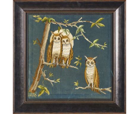  ENGLISH ARTS & CRAFTS EMBROIDERED OWL PANEL, CIRCA 1900 coloured silks on a silk ground, framed&nbsp; 46cm x 45cm (frame siz