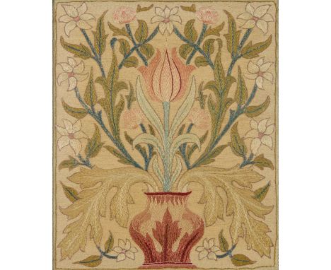  ATTRIBUTED TO MAY MORRIS (1862-1938) FOR MORRIS & CO. ARTS & CRAFTS EMBROIDERED PANEL, CIRCA 1900 coloured silks, framed 50.