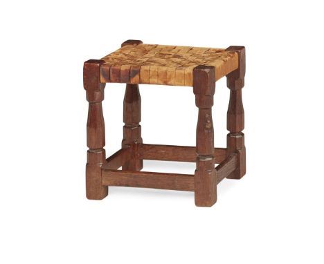  ROBERT 'MOUSEMAN' THOMPSON (1876-1955) STOOL, CIRCA 1950 oak, with woven leather seat, carved mouse signature 34cm wide, 36c