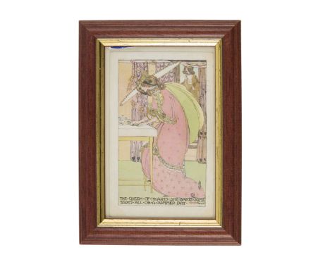  JESSIE MARION KING (1875-1949) 'THE QUEEN OF HEARTS' GREETINGS CARD, 1906 framed, 14.5cm x 9.5cm (frame size 18.5cm x 14cm);