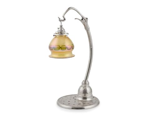  FRIEDRICH ADLER (1878-1942) FOR WALTER SCHERF & CO. 'ISIS' JUGENDSTIL TABLE LAMP, CIRCA 1910 polished pewter, with Loetz iri