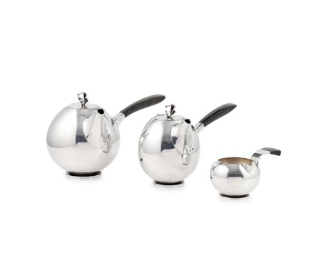  AAGE WEIMAR (1902-1986) THREE PIECE TEA SERVICE, 1930s Sterling silver, stained wood, comprising a TEAPOT, 16.3cm high; a HO