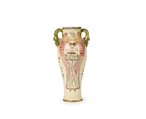  DELLA ROBBIA POTTERY, BIRKENHEAD TWIN-HANDLED VASE, CIRCA 1895 glazed terracotta, incised maker's marks DR and painted artis