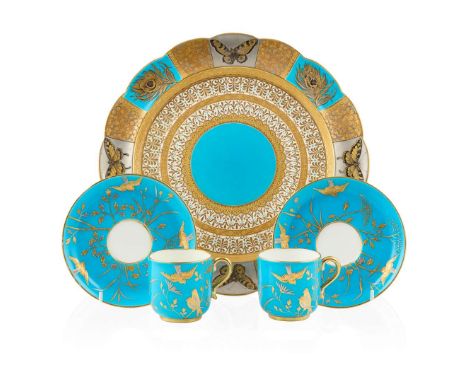  MINTONS PAIR OF COFFEE CUPS AND SAUCERS, CIRCA 1880 porcelain with gilt embellishment, cups 6cm high; together with MINTON &