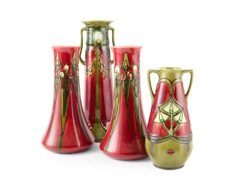  MINTONS LTD. GROUP OF 'SECESSIONIST' WARES, CIRCA 1907 relief moulded and glazed earthenware comprising; a PAIR OF VASES, pa