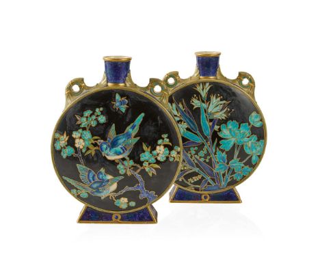  MINTON'S ART POTTERY STUDIO PAIR OF AESTHETIC MOVEMENT MOONFLASKS, CIRCA 1872 glazed and gilt embellished earthenware, the d