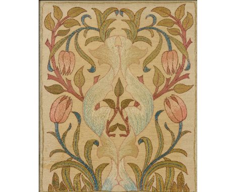  ATTRIBUTED TO MAY MORRIS (1862-1938) FOR MORRIS & CO. ARTS & CRAFTS EMBROIDERED PANEL, CIRCA 1900 coloured silks, framed 50c