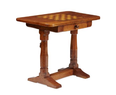  ROBERT 'MOUSEMAN' THOMPSON (1876-1955) GAMES TABLE, 1936 oak, with beech and ebony inlay, incised to one side T W F T 1936, 