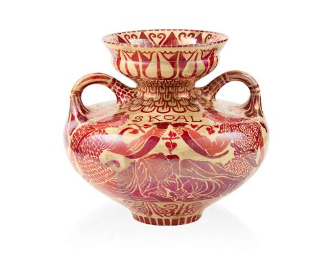  WALTER CRANE (1845-1915) FOR MAW & CO., JACKFIELD 'SKOAL' TWIN-HANDLED VASE, CIRCA 1889 lustre-glazed earthenware, bears ins