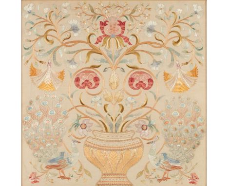  ENGLISH ARTS & CRAFTS EMBROIDERED PANEL, CIRCA 1900 coloured silks and metal threads on an unbleached ribbed cotton ground, 