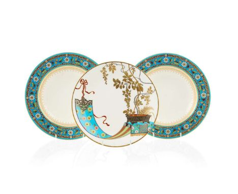  CHRISTOPHER DRESSER (1934-1904) FOR MINTONS 'CLOISONNE' PLATE, 1873 glazed, gilded and silvered porcelain, impressed MINTONS
