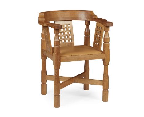  ROBERT 'MOUSEMAN' THOMPSON (1876-1955) ARMCHAIR, CIRCA 1970 oak, with later close nailed leather upholstery, carved mouse si