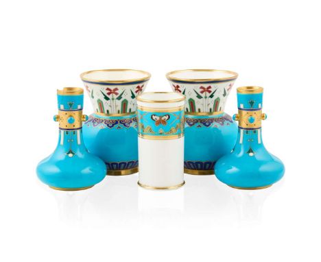  CHRISTOPHER DRESSER (1834-1904) FOR MINTONS PAIR OF 'CLOISONNÉ' VASES, CIRCA 1870 glazed and decorated earthenware, 10.5cm h