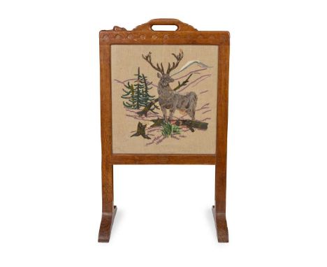  ROBERT 'MOUSEMAN' THOMPSON (1876-1955) FIRESCREEN, CIRCA 1930 oak, with embroidered and glazed panel, carved mouse signature