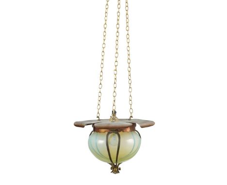  GEC (GENERAL ELECTRIC COMPANY) ARTS & CRAFTS PENDANT CEILING LIGHT, CIRCA 1900 copper and brass, with opalescent glass shade
