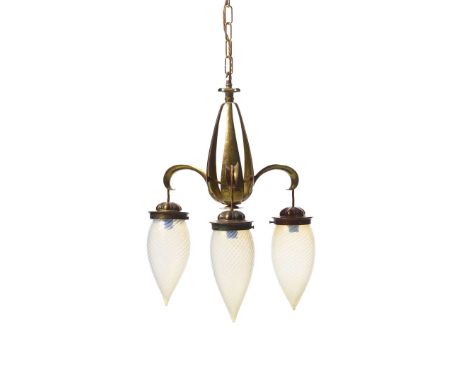  ENGLISH ARTS & CRAFTS CEILING LIGHT, CIRCA 1910 brass, with opalescent glass shades 40cm diameter, fitting 57cm high (includ