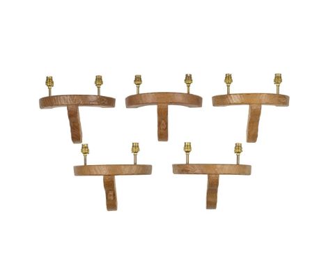  ROBERT 'MOUSEMAN' THOMPSON (1876-1955) FIVE WALL LIGHTS, CIRCA 1970 oak, with card fitting covers, each with carved mouse si