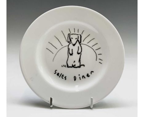 David HOCKNEY (1937) A Royal Doulton bone china tea plate showing a design of a dog by David Hockney for Salts Diner at 1853 