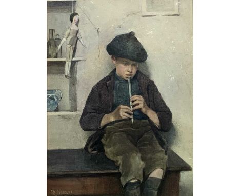 Frederick James McNamara EVANS (1859-c.1929)The Penny WhistleWatercolourSigned and dated '9036x26cmTo verso an unfinished wat