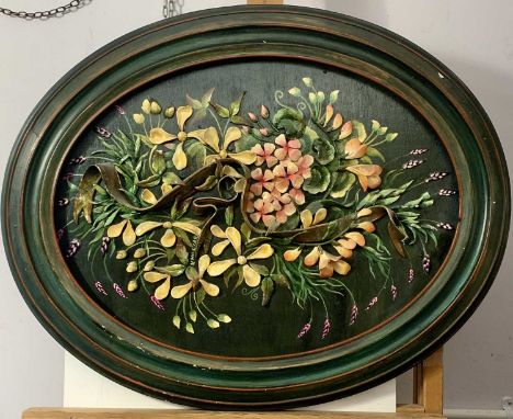 Victoria HILLIARD Flowers Painted relief plaster panel Signed 44 x 59cm oval
