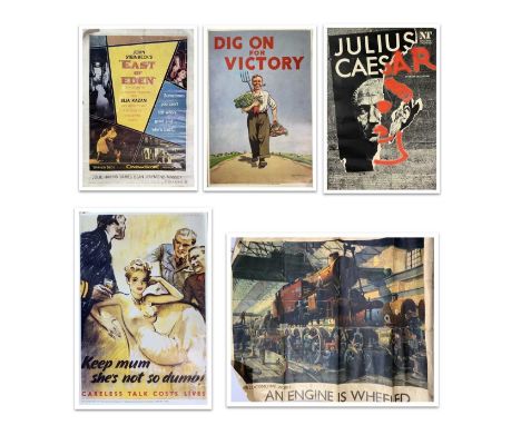 Five posters - includes Julius Caesar, Cuneo railway poster, East of Eden film poster and 2 repro wartime posters.Condition r