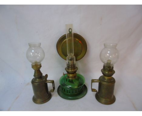 Pair of chamber oil lamps and a green glass oil lamp with hanging bracked complete with heat shield