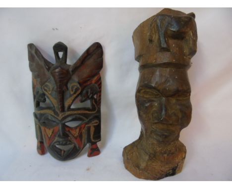 Collection of carved wooden ware to include a walking stick, figures and a mask