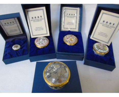 5 Enamel Halcyon Days pots and lids with presentation boxes