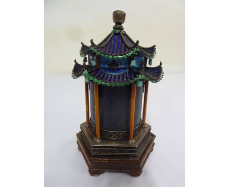 A Chinese silver enamel and cloisonn‚ receptacle in the form of a Pagoda on carved hardwood base - A/F