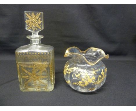French cut crystal decanter and stopper and a gilded glass flower bowl
