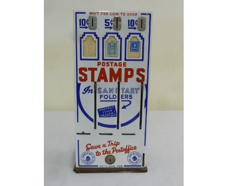 Enamel tin plate postage stamp dispenser by Shipmans Mfg co. Of Los Angeles