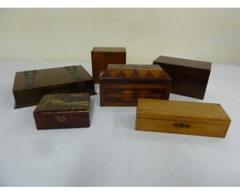 Six wooden containers to include a tea caddy and a jewellery box