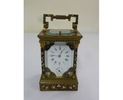 A Champlev‚ repeating carriage clock with white enamel dial, Roman numerals and subsidiary dial