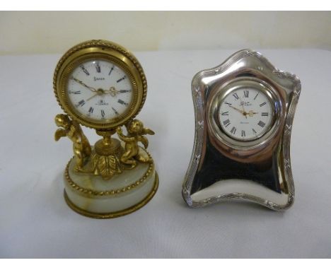 Swiza gilt and marble mantle clock and a R. Carr silver mounted desk clock