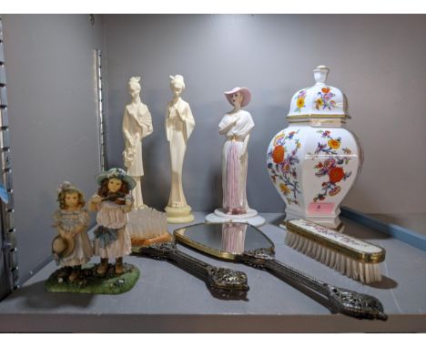 A small mixed lot to include a china Bavarian lidded vase, a Capodimonte figure, part of a dressing table set to include a mi