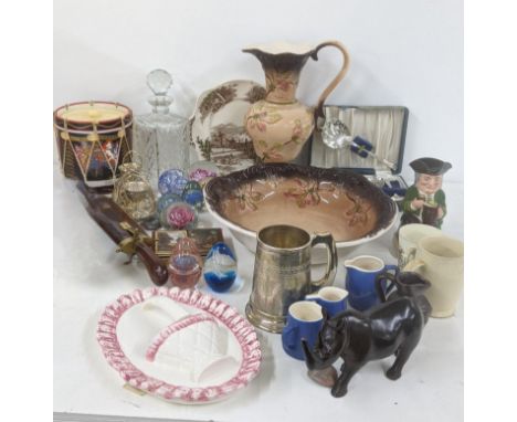 A mixed lot of ceramics to include a character jug and others, together with a crystal cut decanter, paperweights, silver pla