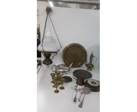 Mixed metalware to include a brass floral, etched tray and matching pitcher, six goblets, a silver plated tea pot and other i